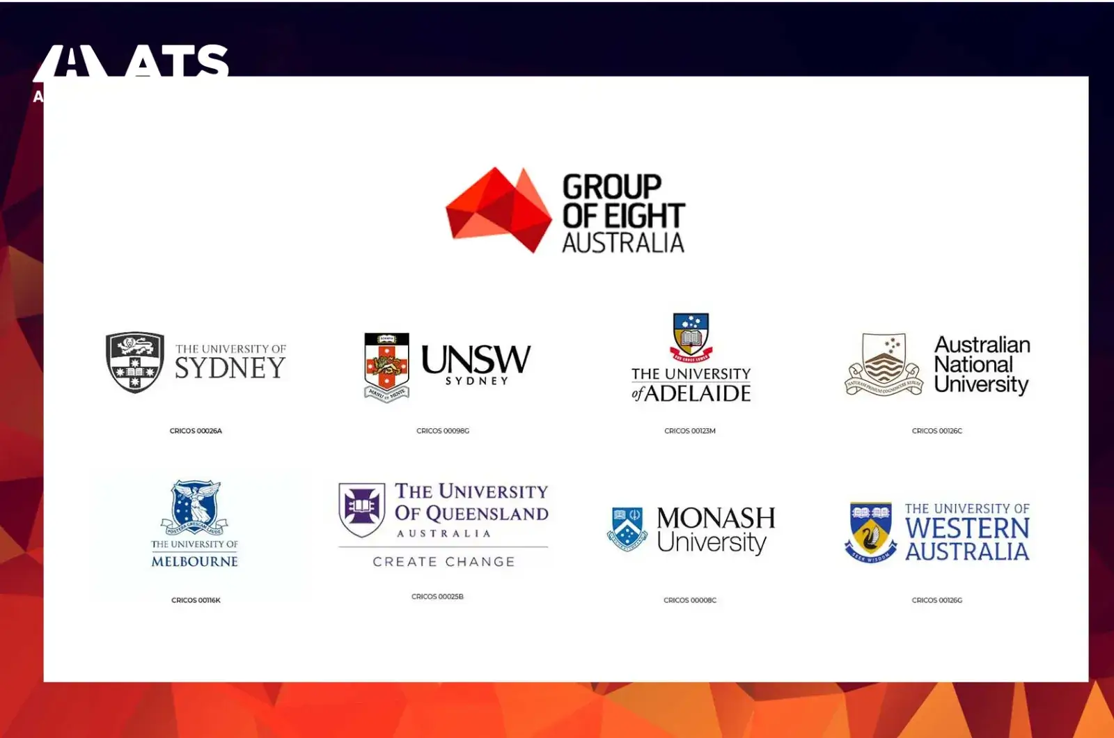 Group of Eight là liên minh 8 trường Đại học có xếp hạng giáo dục đứng đầu tại Úc Group of Eight là liên minh 8 trường Đại học có xếp hạng giáo dục đứng đầu tại Úc